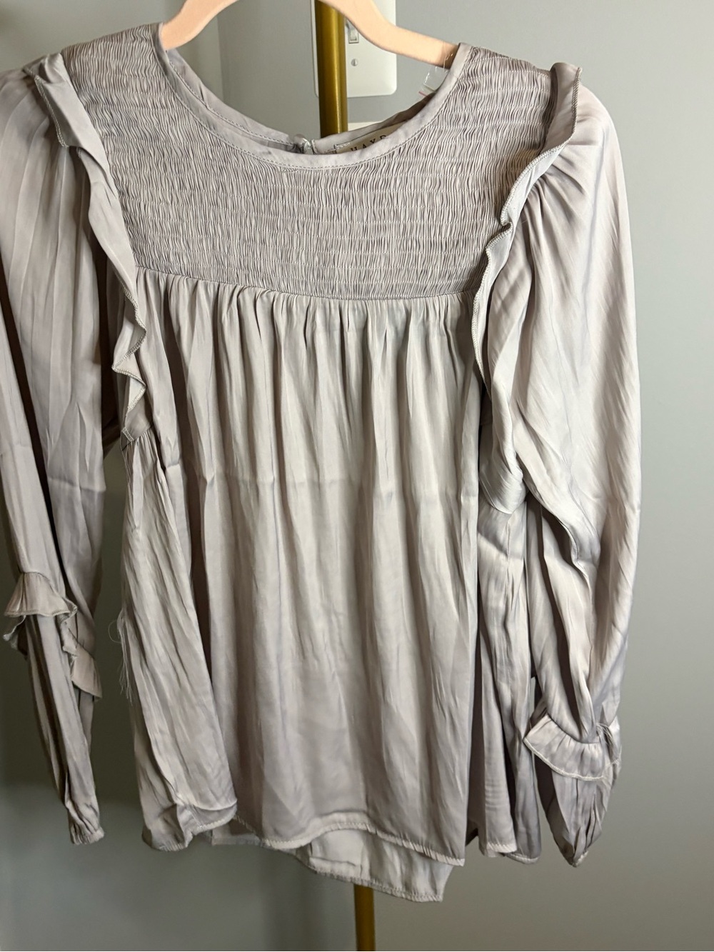 Hayden Light Gray Smocked Ruffle Long-Sleeve Blouse